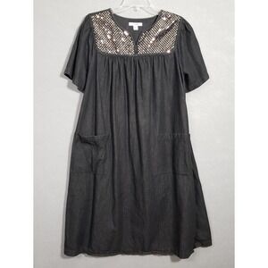 Go Softly Patio M Dress Black Sequin Denim Cotton Muu Muu Pockets Embellished